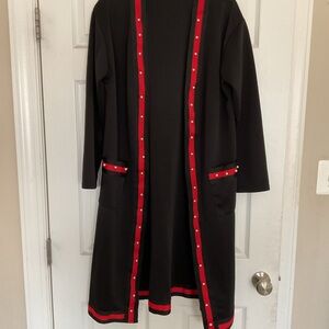 Black Cardigan with Red Trim and Stud Accents